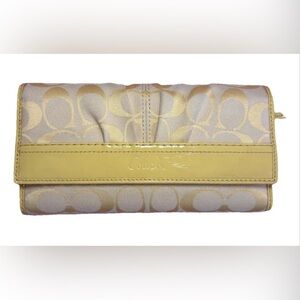 Coach Signature Trifold Wallet Sunshine Yellow Canvas Leather Trim